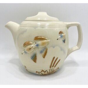 Vintage Porcelier Tea Pot Ducks Flying Vitreous China Lake Cattails Made in USA